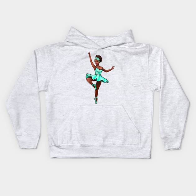 Ballet Dancer in green tutu dancing cute black girl African American brown skin ballerina - Dance Kids Hoodie by Artonmytee